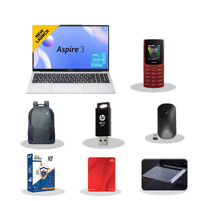 Picture of Acer Aspire 3 - Intel Core Celeron N4500 15.6" (39.63 cm) A325-45 Thin & Light Laptop (8GB/ 512GB SSD/ HD Display/ Windows 11 Home/ MS Office/ 1Year Warranty/ Pure Silver/ 1.5Kg) with Nokia 106 Keypad Phone + Laptop Bag + K7 Antivirus + Wireless Mouse + Mouse Pad + Pendrive + Laptop Key Skin